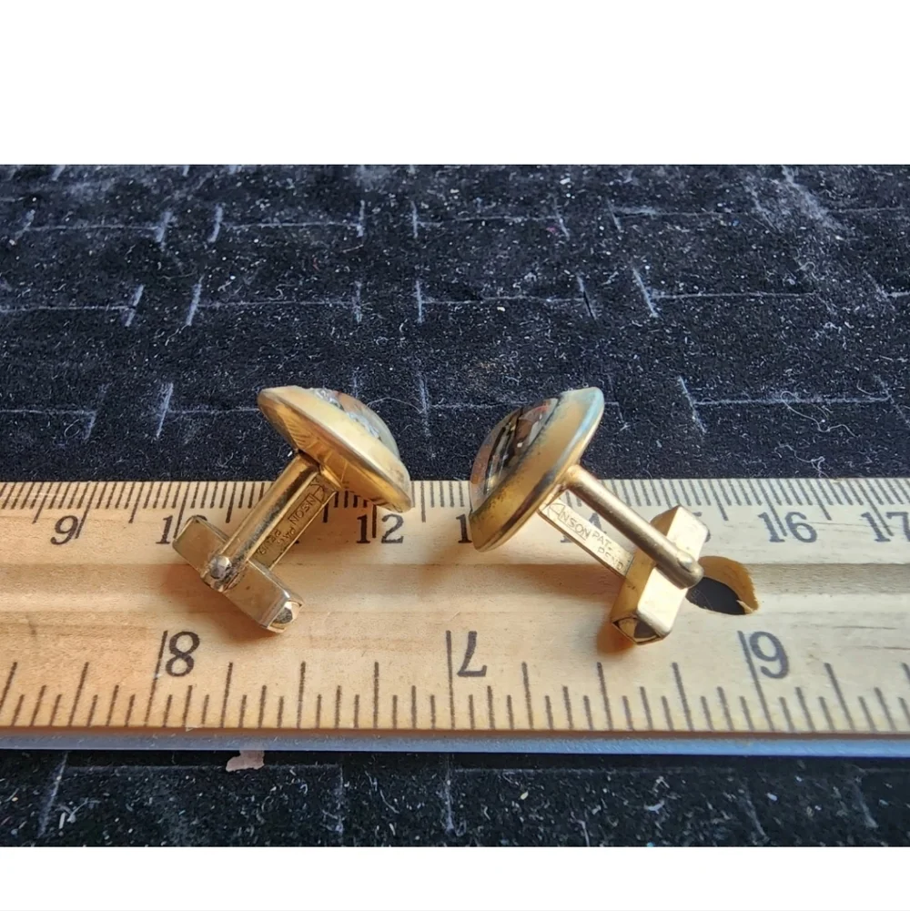 Antique Cufflink Set Gold Tone Handpainted Horses Lucite Used
